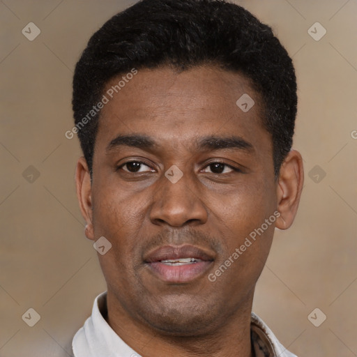 Neutral latino young-adult male with short  black hair and brown eyes