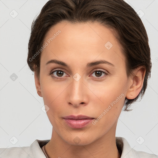 Neutral white young-adult female with short  brown hair and brown eyes