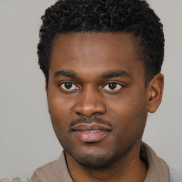 Joyful black young-adult male with short  brown hair and brown eyes