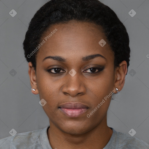 Joyful latino young-adult female with short  black hair and brown eyes