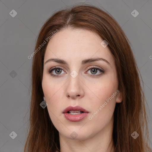 Neutral white young-adult female with long  brown hair and brown eyes