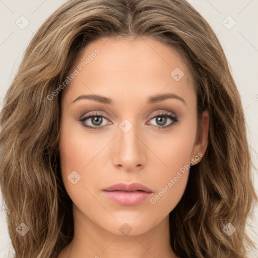 Neutral white young-adult female with long  brown hair and brown eyes