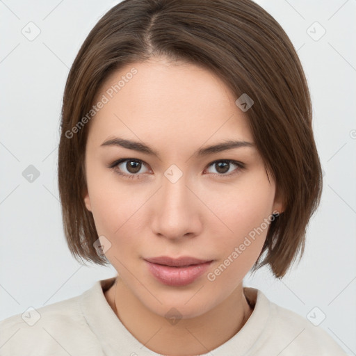 Neutral white young-adult female with medium  brown hair and brown eyes