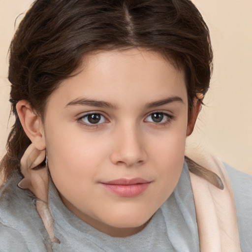 Joyful white child female with medium  brown hair and brown eyes