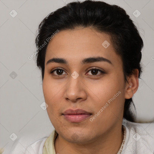 Neutral latino young-adult female with short  black hair and brown eyes