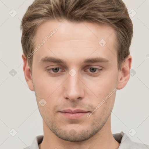 Neutral white young-adult male with short  brown hair and grey eyes