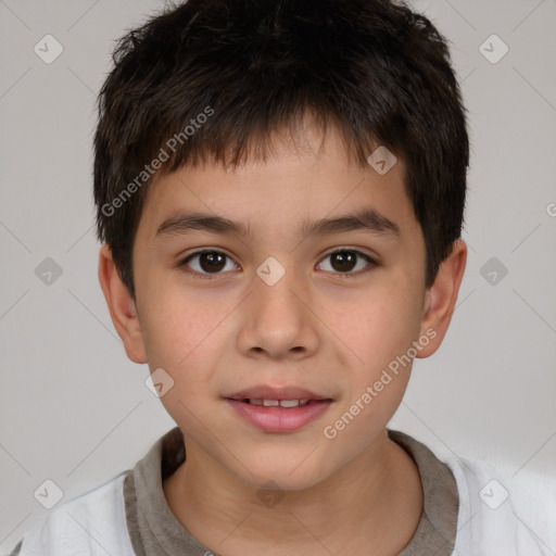 Joyful white child male with short  brown hair and brown eyes