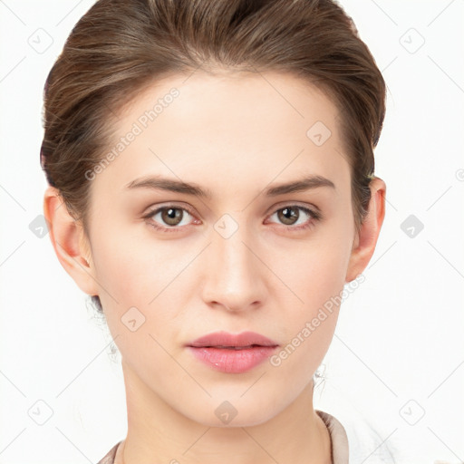 Neutral white young-adult female with short  brown hair and brown eyes