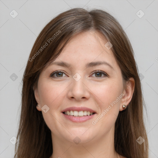 Joyful white young-adult female with long  brown hair and grey eyes