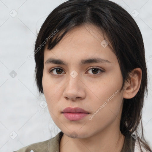 Neutral white young-adult female with medium  brown hair and brown eyes