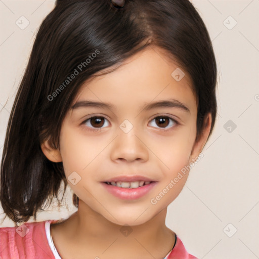 Joyful white child female with medium  brown hair and brown eyes