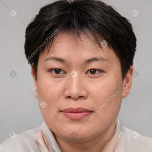 Joyful white adult female with short  brown hair and brown eyes