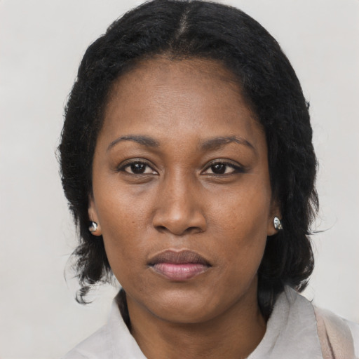 Joyful black adult female with medium  black hair and brown eyes