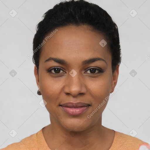 Joyful latino young-adult female with short  black hair and brown eyes