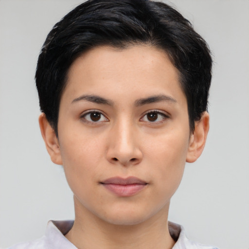 Neutral asian young-adult female with short  black hair and brown eyes