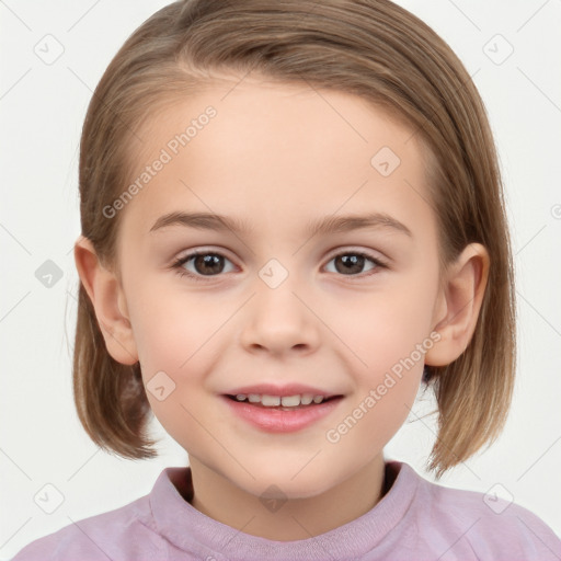 Joyful white child female with medium  brown hair and brown eyes