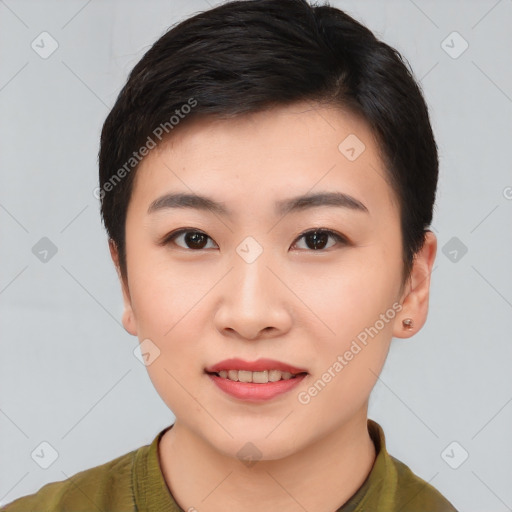 Joyful asian young-adult female with short  brown hair and brown eyes