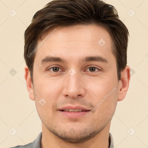 Joyful white young-adult male with short  brown hair and brown eyes