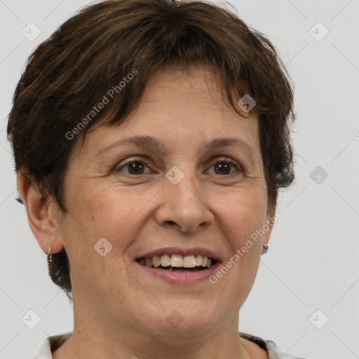 Joyful white adult female with short  brown hair and brown eyes