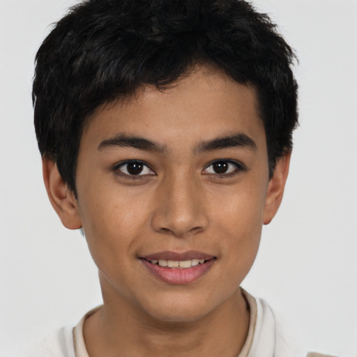 Joyful latino young-adult male with short  brown hair and brown eyes