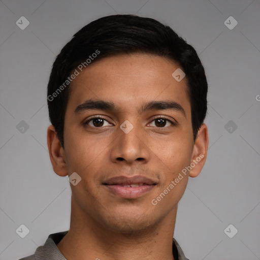 Neutral latino young-adult male with short  brown hair and brown eyes