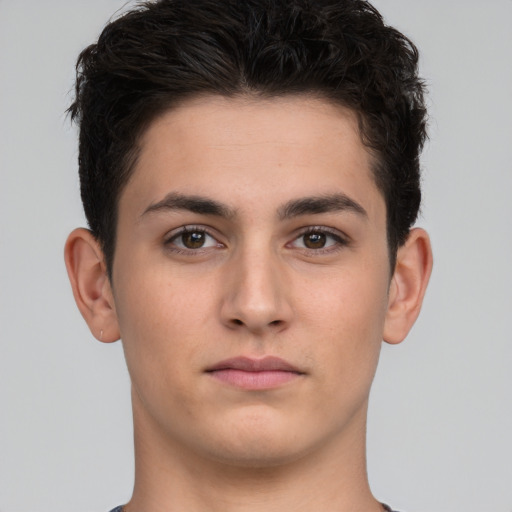 Neutral white young-adult male with short  brown hair and brown eyes