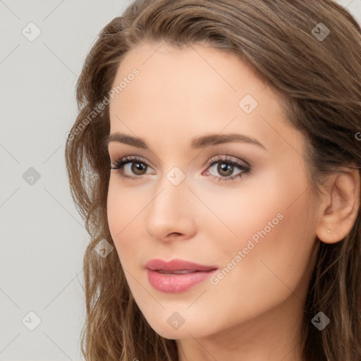 Neutral white young-adult female with long  brown hair and brown eyes