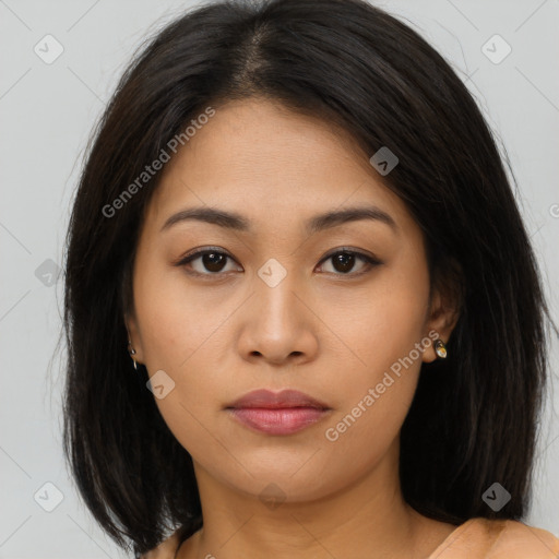 Neutral asian young-adult female with medium  brown hair and brown eyes