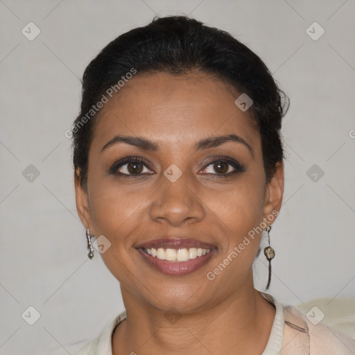 Joyful latino young-adult female with short  brown hair and brown eyes