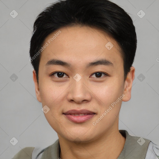 Joyful asian young-adult male with short  black hair and brown eyes