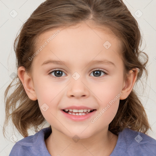 Joyful white child female with medium  brown hair and grey eyes