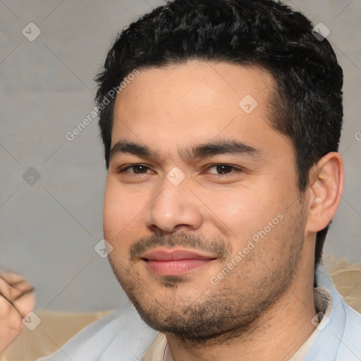 Joyful white young-adult male with short  black hair and brown eyes