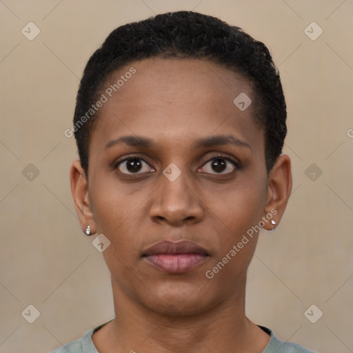 Neutral black young-adult female with short  black hair and brown eyes