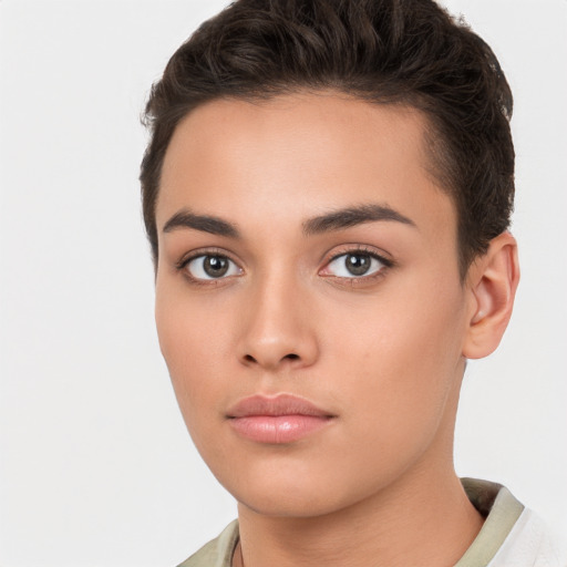 Neutral white young-adult female with short  brown hair and brown eyes