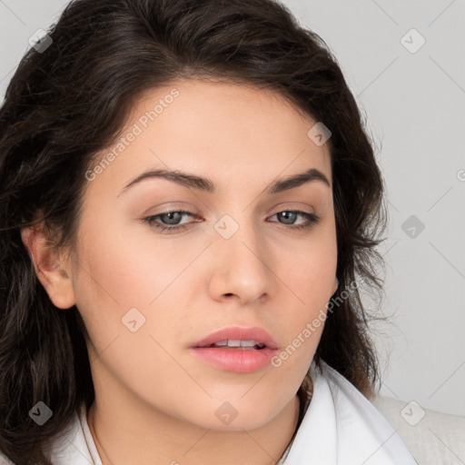 Neutral white young-adult female with medium  brown hair and brown eyes