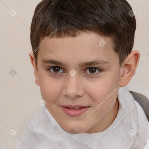 Joyful white child male with short  brown hair and brown eyes