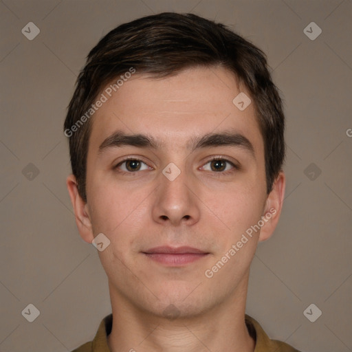 Neutral white young-adult male with short  brown hair and brown eyes