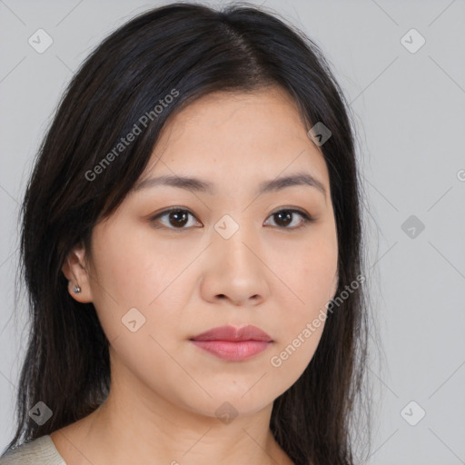 Neutral asian young-adult female with long  black hair and brown eyes