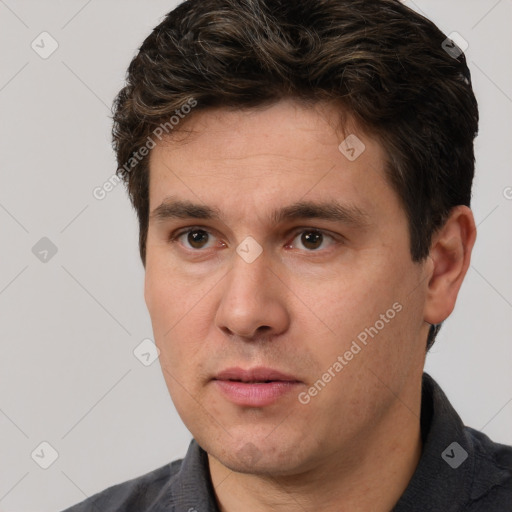 Neutral white adult male with short  brown hair and brown eyes