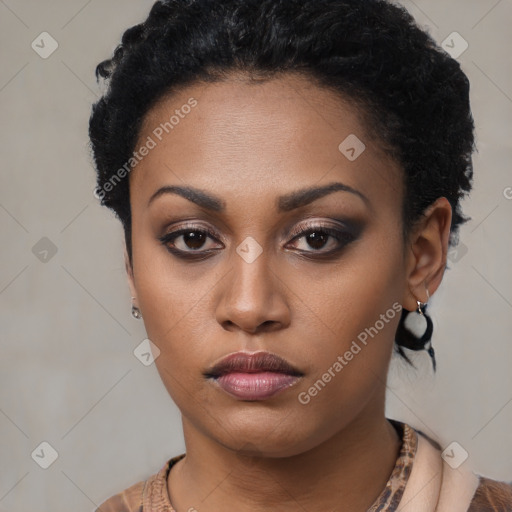 Neutral black young-adult female with short  black hair and brown eyes