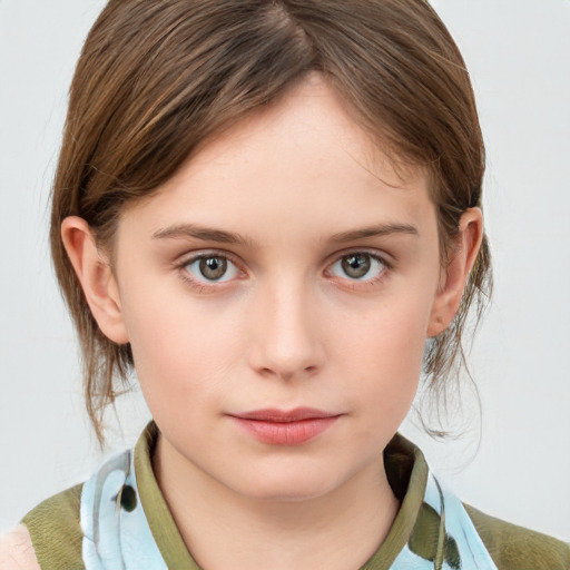 Neutral white young-adult female with medium  brown hair and grey eyes