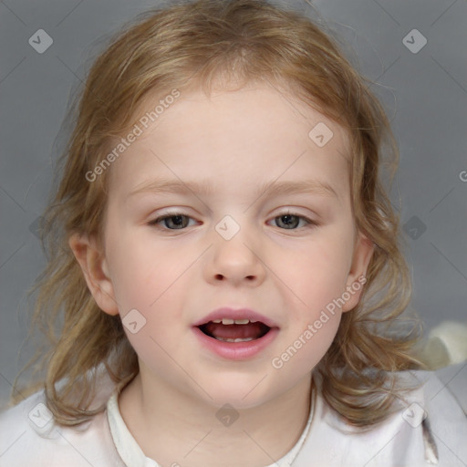 Joyful white child female with medium  brown hair and blue eyes