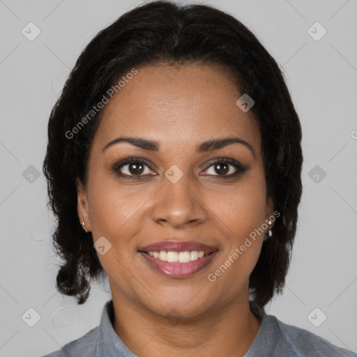 Joyful black young-adult female with medium  brown hair and brown eyes