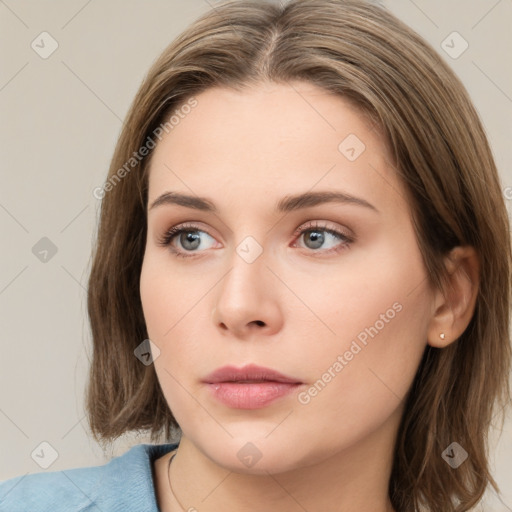 Neutral white young-adult female with medium  brown hair and grey eyes