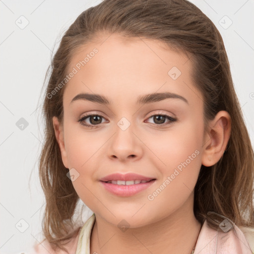 Joyful white child female with medium  brown hair and brown eyes