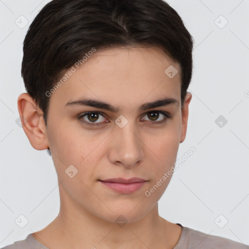 Joyful white young-adult female with short  brown hair and brown eyes