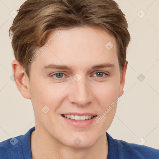 Joyful white young-adult female with short  brown hair and blue eyes