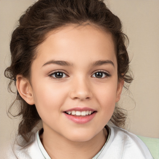 Joyful white child female with medium  brown hair and brown eyes