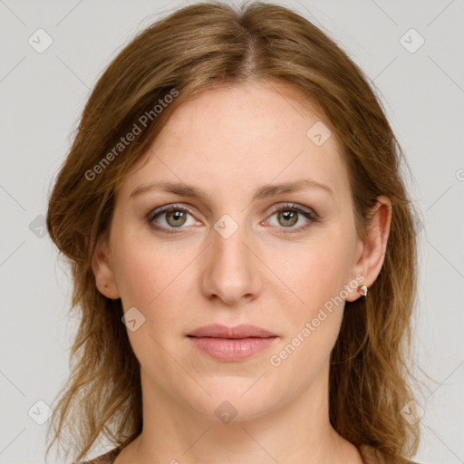 Joyful white young-adult female with medium  brown hair and green eyes