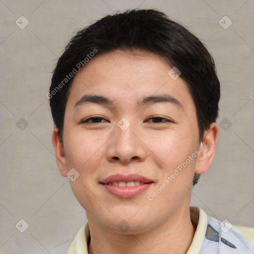 Joyful asian young-adult female with short  brown hair and brown eyes